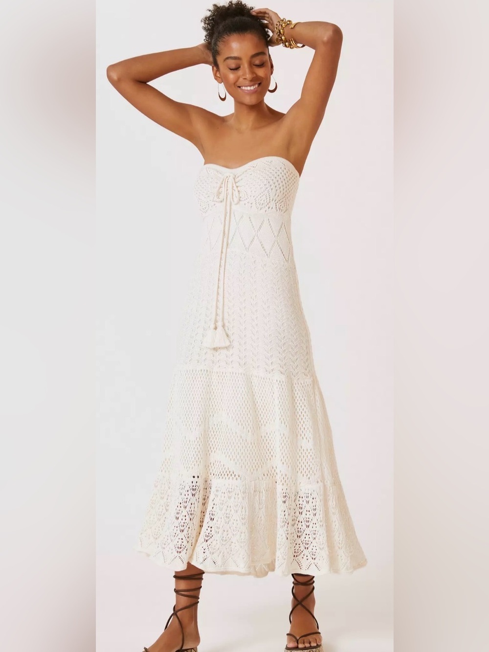 FARM Rio X Anthropologie Strapless Crochet Maxi Dress